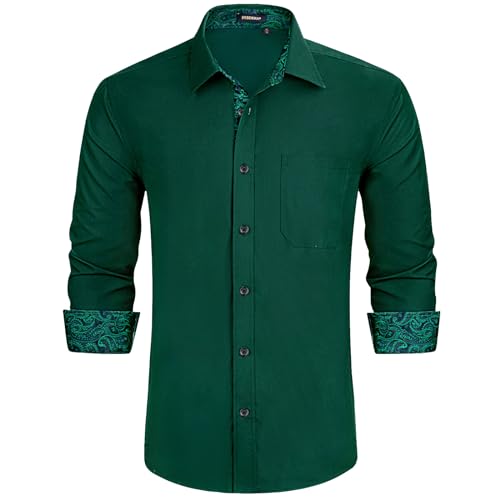 HISDERN Hemd Langarm Herren Dunkelgrün Formale Hemd Business Regular Fit Freizeithemden Button Down Arbeit Hochzeit mit Taschen,Dunkelgrün,2XL von HISDERN