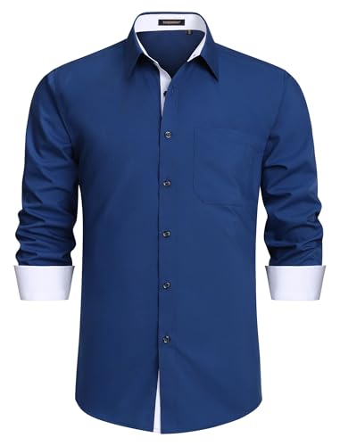 HISDERN Hemd Langarm Herren Marine Blau Formale Hemd Herren Business Regular Fit Button Down Arbeit Hochzeit Freizeithemden mit Taschen,Marine Blau,XL von HISDERN