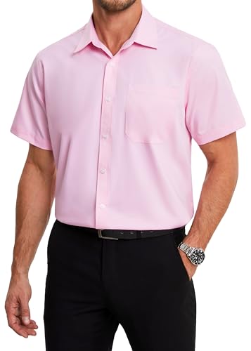 HISDERN Hemd Rosa Herren Kurzarm Regular Fit Button Down Freizeithemd Bügelfreie Businesshemd Sommerhemd Herrenhemden mit Brusttasche 3XL von HISDERN