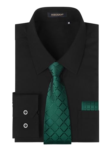 HISDERN Hemd Schwarz Herren Langarm Formelle Anzug Hemden mit Krawatte Arbeit Businesshemden mit Brusttasche L von HISDERN