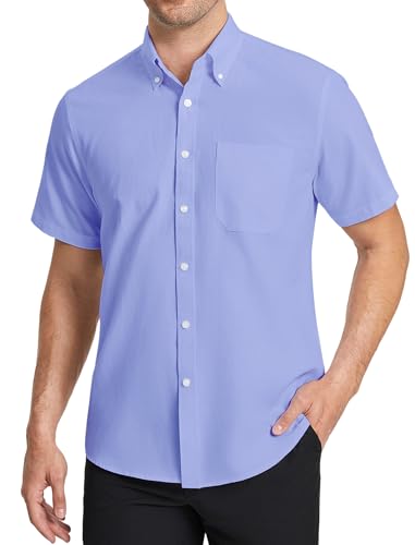 HISDERN Hemden Herren Kurzarm Oxford Freizeithemd Blau Bügelfrei Casual Herren Hemd Sommer Bügelfrei Button Down mit Tasche, 2XL von HISDERN