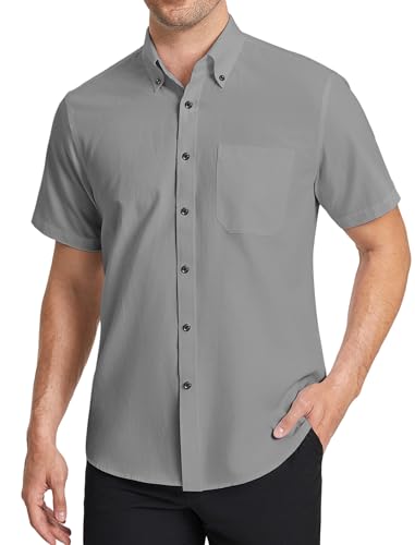 HISDERN Hemden Herren Kurzarm Oxford Grau Businesshemd Bügelfrei Baumwolle Freizeithemden Herren Button Down Hemd mit Tasche Regular Fit, L von HISDERN