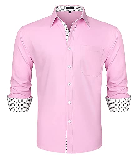 HISDERN Hemd Herren Rosa Langarm Hemden Männer Regular Fit Business Bügelfrei Oberhemd Freizeit Herrenhemden Kragen Mit Tupfenmuster Weihnachtshemd,Rosa,M von HISDERN