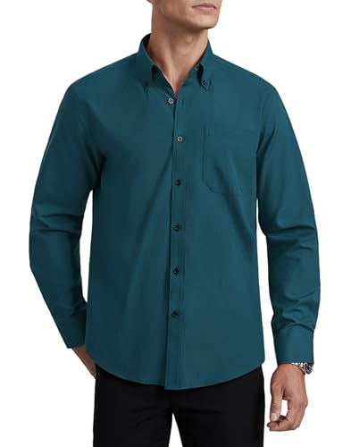 HISDERN Hemden Herren Langarm Baumwolle Oxford Casual Business Hemd FreizeitHemd Button Down Regular Fit Herrenhemd mit Tasche Türkisgrün XXL von HISDERN