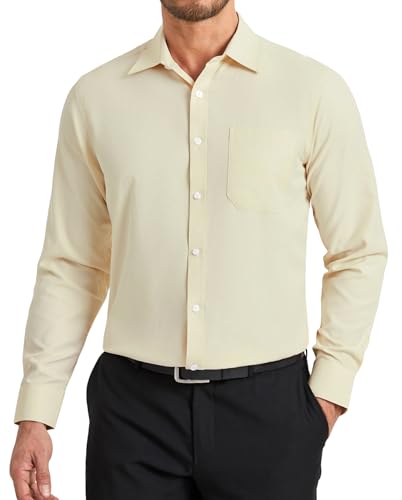 HISDERN Hemden Herren Langarm Beige Herrenhemd Business Hemd für Männer Formelle Bügelfrei Baumwolle Regular Fit mit Tasche Shirts Champagner M von HISDERN