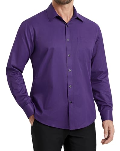 HISDERN Hemden für Herren Freizeithemden Dunkellila Oberhemd Hemd Langarm Regular Fit Hochzeit Hemden mit Brusttasche L von HISDERN