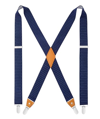 HISDERN Herren 3,5 cm breiter Hosenträger in X-Form mit sehr Starken 4 Metall Clip für Männer und Damen elastisch und verstellbar Blau Polka Dot von HISDERN