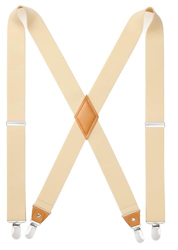 HISDERN Herren 3,5 cm breiter Hosenträger in X-Form mit sehr Starken 4 Metall Clip für Männer und Damen elastisch und verstellbar Champagne von HISDERN