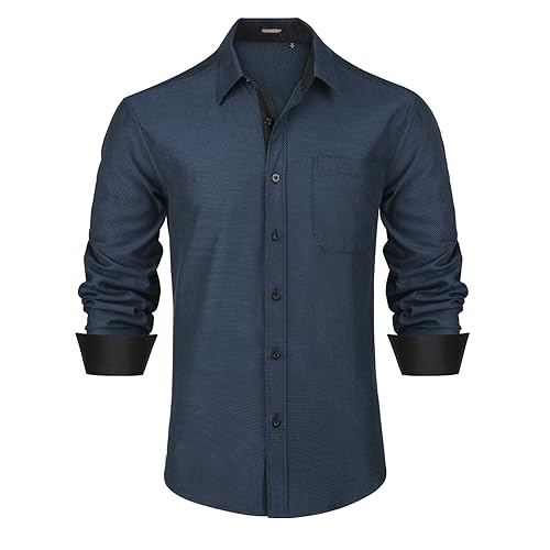 HISDERN Herren Anzug Hemden Klassisch Marineblau Langarm Casual Button Down Kragen Hemd Regular Fit L von HISDERN