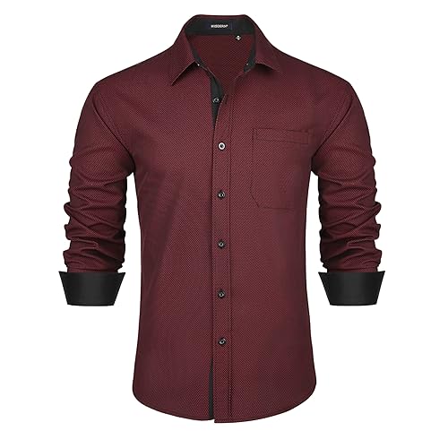 HISDERN Herren Anzug Hemden Klassisch Rot Langarm Casual Button Down Kragen Hemd Regular Fit 2XL von HISDERN