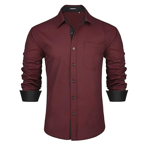 HISDERN Herren Anzug Hemden Klassisch Rot Langarm Casual Button Down Kragen Hemd Regular Fit 4XL von HISDERN