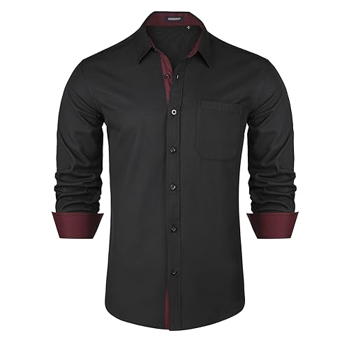 HISDERN Herren Anzug Hemden Klassisch Schwarz Langarm Casual Button Down Kragen Hemd Regular Fit 2XL von HISDERN