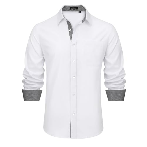HISDERN Herren Anzug Hemden Klassisch Weiß Langarm Casual Button Down Kragen Hemd Regular Fit 2XL von HISDERN