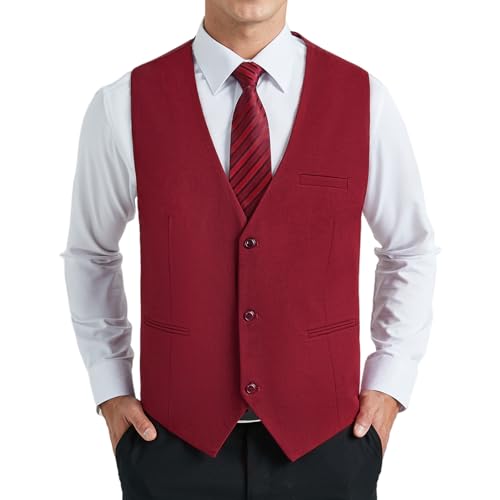 HISDERN Herren Anzugweste Burgund Formelle Hochzeit Anzug Westen Klassische Einfarbig Weste Elegant Smoking Anzugwesten für Männer mit Taschen XS von HISDERN