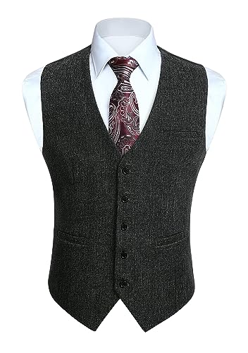 HISDERN Herren Anzugweste Grau Formale Klassische Casual V-Ausschnitt Elegant Einfarbige Westen Hochzeit Business Party Baumwolle Weste 2XL von HISDERN