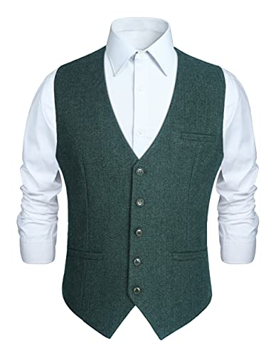 HISDERN Herren Anzugweste Wolle Herringbone Tweed Weste Formale Klassische Solide Herren Weste für Party Hochzeit Business Basic Weste Grun XS von HISDERN