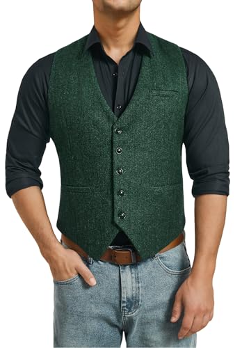 HISDERN Tweed Weste Herren Grüne Vintage Anzug westen für Herren Casual Wolle Herringbone Anzugsweste für Business Hochzeit XS von HISDERN