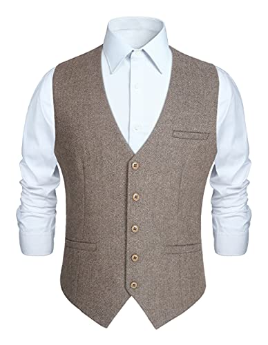 HISDERN Herren Basic Anzugweste Herringbone Tweed Weste Formale Wolle Herren Westen für Hochzeit Business Klassische Weste Braun XL von HISDERN