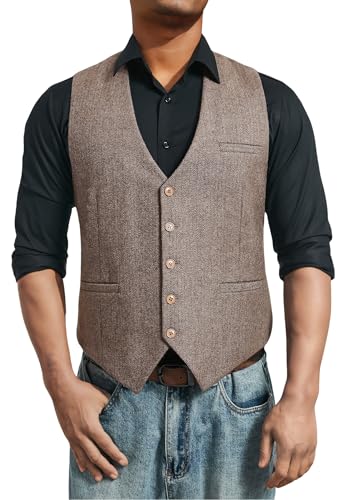 HISDERN Weste Herren Tweed Vintage Westen Braun Fischgrätmuster Wolle Anzugweste für Casual Business Hochzeit 2XL von HISDERN