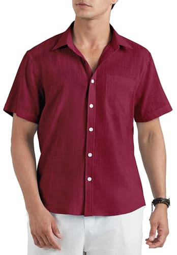 HISDERN Herren Baumwolle Leinenhemd Leichtes Sommer Herren Hemden Burgund Kurzarm Regular Fit Freizeithemd für Männer 3XL von HISDERN