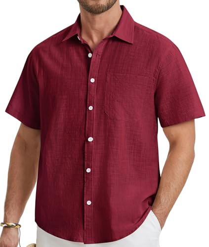 HISDERN Herren Baumwolle Leinenhemd Leichtes Sommer Herren Hemden Burgund Kurzarm Regular Fit Freizeithemd für Männer 3XL von HISDERN