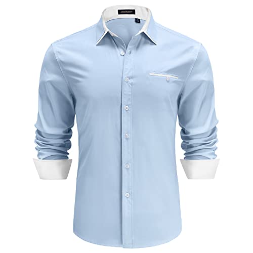 HISDERN Herren Blau Hemd Baumwolle Businesshemd Freizeithemd Langarm Formales Klassisches Hemden Regular Fit L von HISDERN