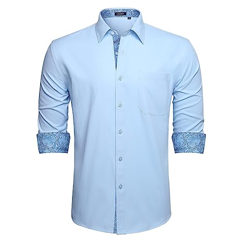 HISDERN Herren Hellblau Hemd Langarm Regular Fit Klassisch Hemden Formelle Businesshemden Freizeithemd mit Taschen von HISDERN