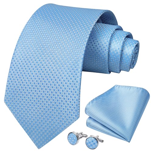 HISDERN Herren Blau Karierte Hochzeit Krawatte Einstecktuch KrawattenTaschentuch Manschettenknöpfe Set Geeigneter Hochzeit Fest von HISDERN