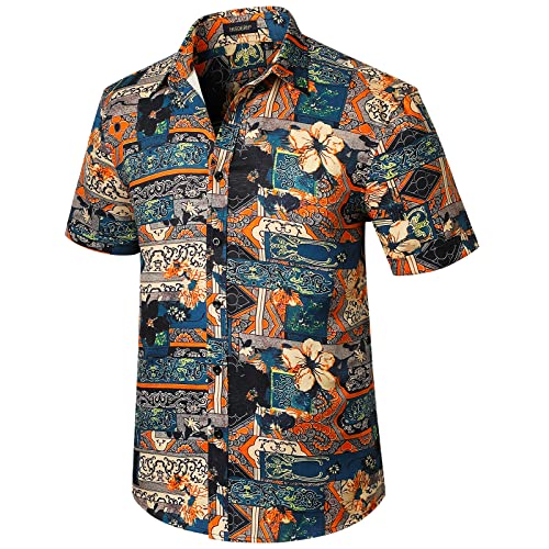 HISDERN Herren Hawaii Hemd Kurzarm Funky Blumen Hawaiihemd für Männer Casual Sommer Aloha Strandhemd Herrenhemden Marineblau/Orange L von HISDERN