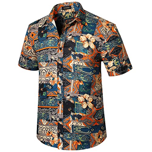 HISDERN Herren Blumen Hawaiihemd Sommer Kurzarm Tropisch Casual Funky Aloha Strandhemd Hawaii Hemd Männer Marineblau/Orange M von HISDERN
