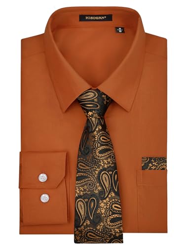 HISDERN Herren Braun Hemd Langarm Hemden mit Krawatte Set Office Businesshemden mit Brusttasche Arbeit Hemden für Männer 2XL von HISDERN