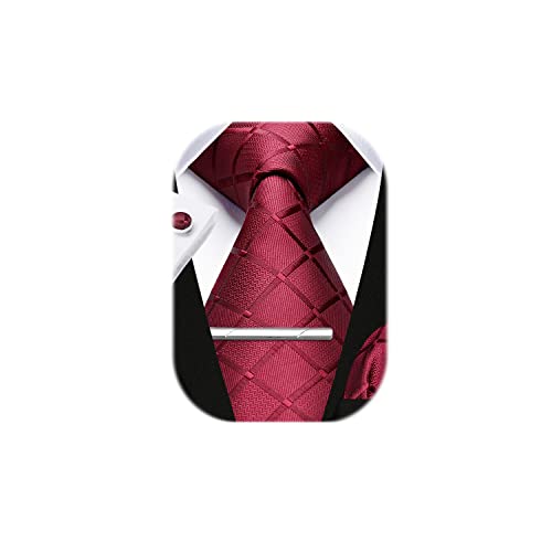 HISDERN Herren Hochzeit Burgund Krawatten und Einstecktuch Krawatte Plaid Manschettenknöpfe-Krawattenklammer-Set von HISDERN