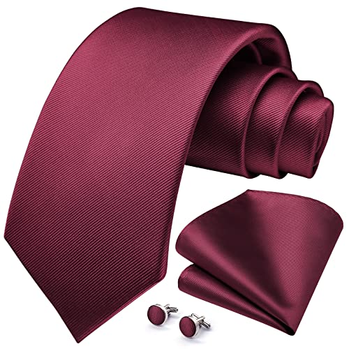 HISDERN Herren Hochzeit Burgund Krawatten und Einstecktuch Solide Krawatte Manschettenknöpfe Set von HISDERN