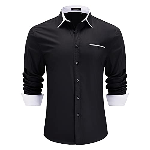 HISDERN Herren Businesshemd Freizeithemden Schwarz Hemd Klassisch Baumwolle Langarm Doppelkragen Hemden Für Männer Regular Fit XL von HISDERN