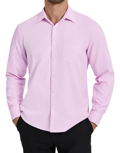 HISDERN Herren Businesshemden Langarm Rosa Formelle Freizeithemd Regular Fit Businesshemden mit Tasche 3XL von HISDERN