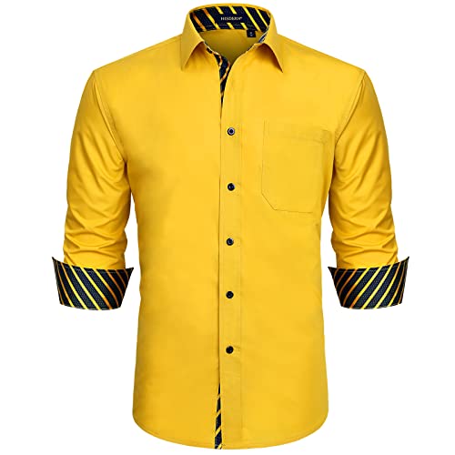 HISDERN Herren Button-Down-Hemd Formelle Langarm-Knopfleiste Braune einzigartige Streifenarbeit Mode Eleganter Blumenkragen Regular Fit Gelbe Hemden L von HISDERN