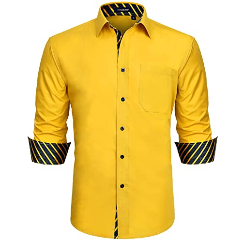 HISDERN Herren Button-Down-Hemd Formelle Langarm-Knopfleiste Braune einzigartige Streifenarbeit Mode Eleganter Blumenkragen Regular Fit Gelbe Hemden S von HISDERN