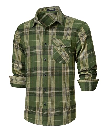 HISDERN Herren Flanellhemd Kariertes Langarmhemd Button Down Freizeithemd Regular Fit Traditionelle Holzfällerhemden Armeegrün S von HISDERN