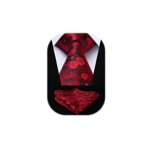 HISDERN Krawatte für Herren Rot Extra Lange Florale Krawatten und Einstecktuch Set Elegante Klassisch Hochzeit Seidenkrawatte Taschentuch von HISDERN