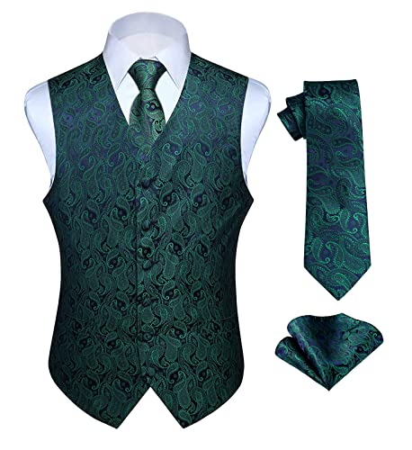 HISDERN Herren FLoral Hochzeit Weste Krawatte Einstecktuch Taschentuch Jacquard Weste Anzug Set von HISDERN