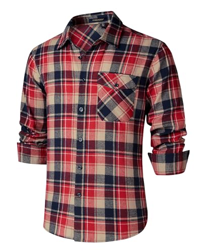 HISDERN Herren Flanellhemd Kariert langärmlig Button Down Kragen Holzfällerhemd Baumwolle Regular Fit Rot 4XL von HISDERN