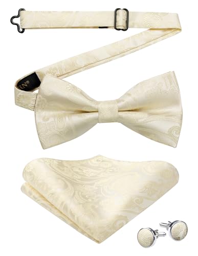 HISDERN Herren Fliege Beige Einfarbig Paisley Vorgebundene Fliegen und Einstecktuch mit Manschettenknöpfe Set Seide Fliege Anzug für Hochzeit Smoking von HISDERN
