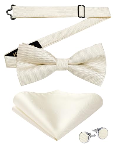 HISDERN Herren Fliege Beige Einfarbig Verstellbare Vorgebundene Fliegen und Einstecktuch mit Manschettenknöpfe Set Seide Fliege Anzug für Hochzeit Smoking von HISDERN