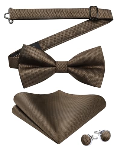 HISDERN Herren Fliege Braun Einfarbig Verstellbare Vorgebundene Fliegen und Einstecktuch mit Manschettenknöpfe Set Seide Fliege Anzug für Hochzeit Smoking von HISDERN