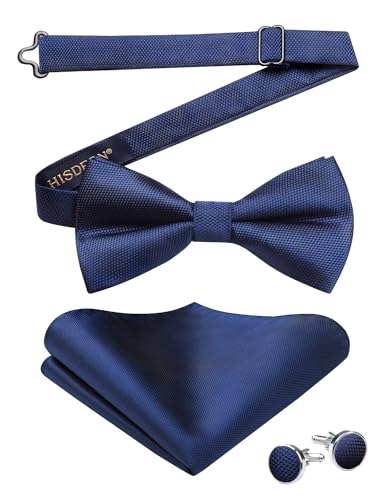HISDERN Herren Fliege Dunkelblau Einfarbig Verstellbare Vorgebundene Fliegen und Einstecktuch mit Manschettenknöpfe Set Seide Fliege Anzug für Hochzeit Smoking von HISDERN