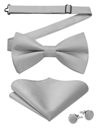 HISDERN Herren Fliege Einfarbig Vorgebundene Fliegen und Einstecktuch mit Manschettenknöpfe Set Seide Fliege Anzug Grau für Hochzeit Smoking von HISDERN