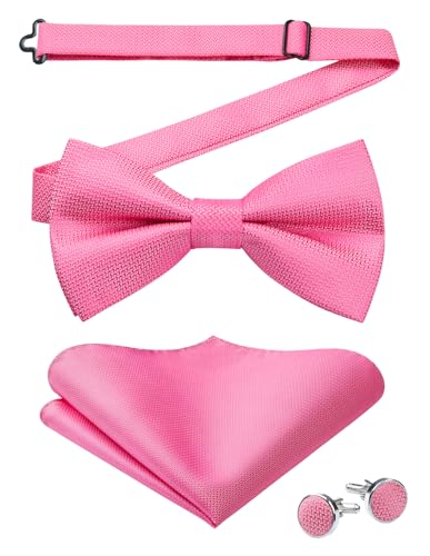 HISDERN Herren Fliege Einfarbig Vorgebundene Fliegen und Einstecktuch mit Manschettenknöpfe Set Seide Fliege Anzug Rosa für Hochzeit Karneval von HISDERN