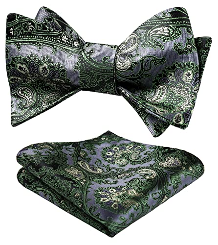 HISDERN Herren Fliege Grüne Fliege Paisley Floral Einstecktuch Jacquard grau Fliege und Fliegen Einstecktuch Set für Hochzeits Feier von HISDERN