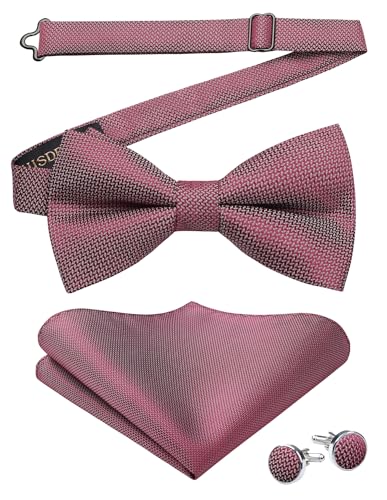 HISDERN Herren Fliege Rot Einfarbig Verstellbare Vorgebundene Fliegen und Einstecktuch mit Manschettenknöpfe Set Seide Fliege Anzug für Hochzeit Weihnachten von HISDERN