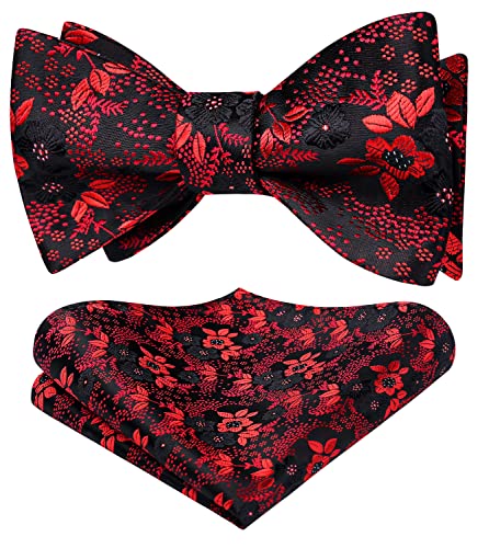 HISDERN Herren Fliege Rot Floral Self Fliege und Einstecktuch Set Blumen Jacquard Fliegen Set für Hochzeit Feier von HISDERN